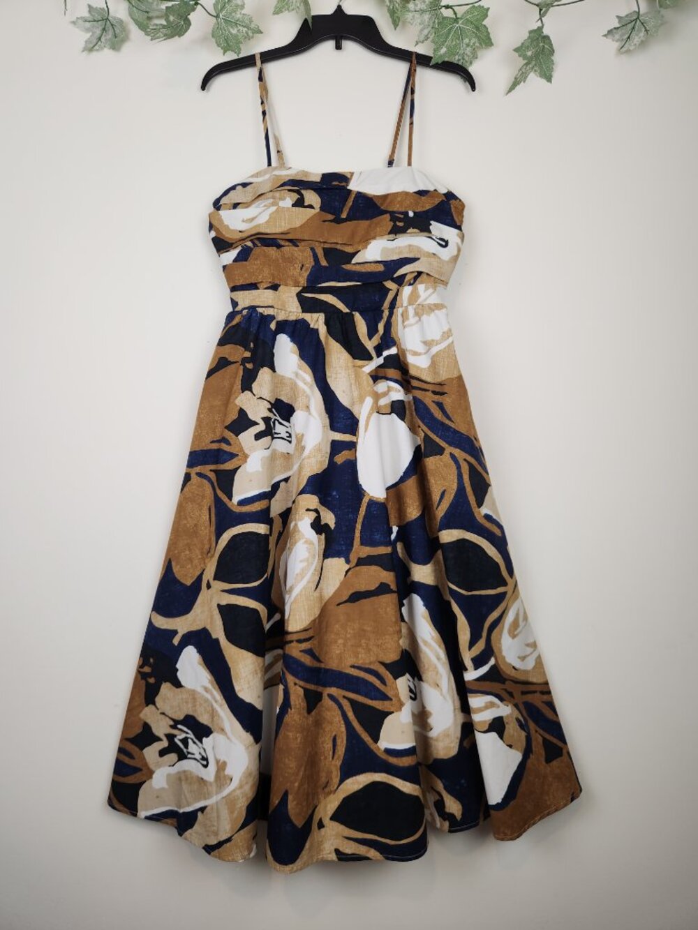 Banana Republic Size 2 Poplin Gathered Midi Dress Navy Brown Floral with Pockets